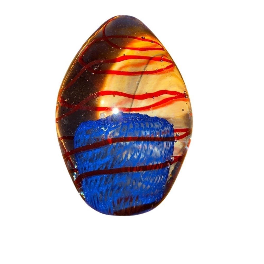 Murano Paperweight Blue Core Red Ribbon Swirl Controlled Bubbles 4 in 1960's